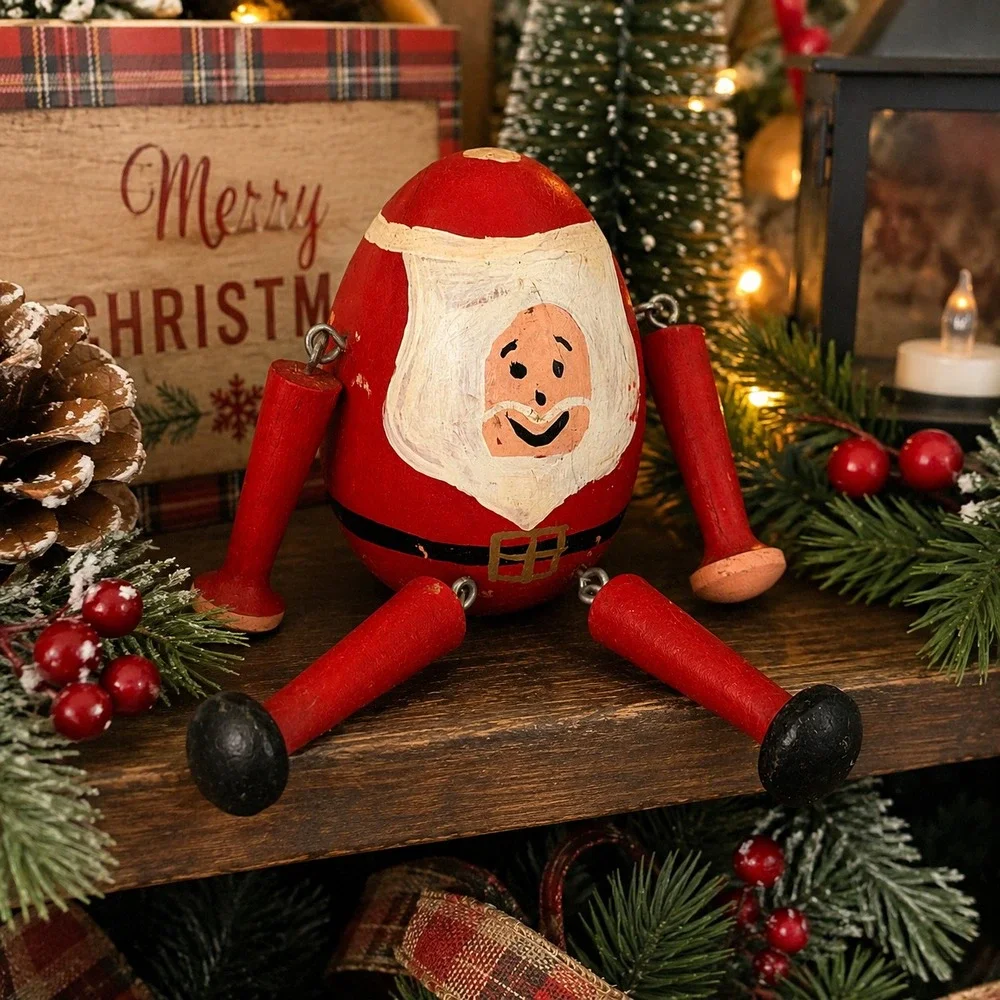 Vintage Wooden Jointed Santa Shelf Sitter Hand Painted Christmas Folk Art 4